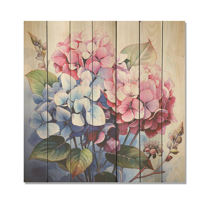 Hortensia rose et mauve harmonie II - hydrangées sur bois, H 25 po x l 25 po