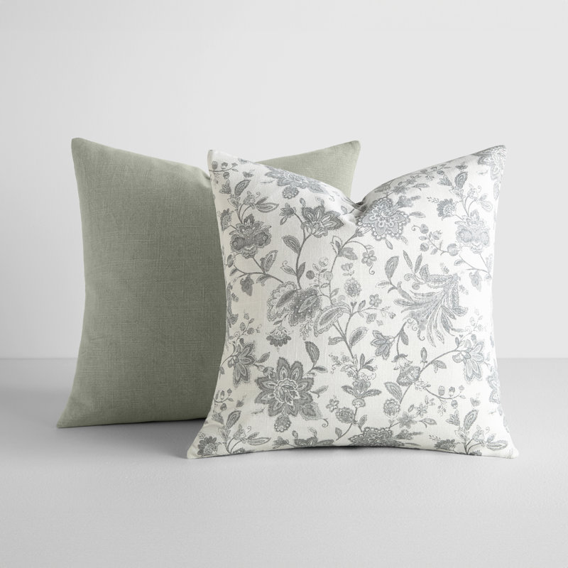 Ensemble de 2 coussins décoratifs en coton jacobin, Vert clair / floral gris
