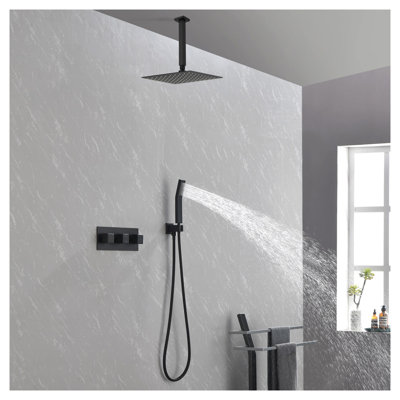 Système de douche noir mat avec pomme de douche au plafond à fixation au plafond de 10 pouces, douchette et corps de valve brut inclus