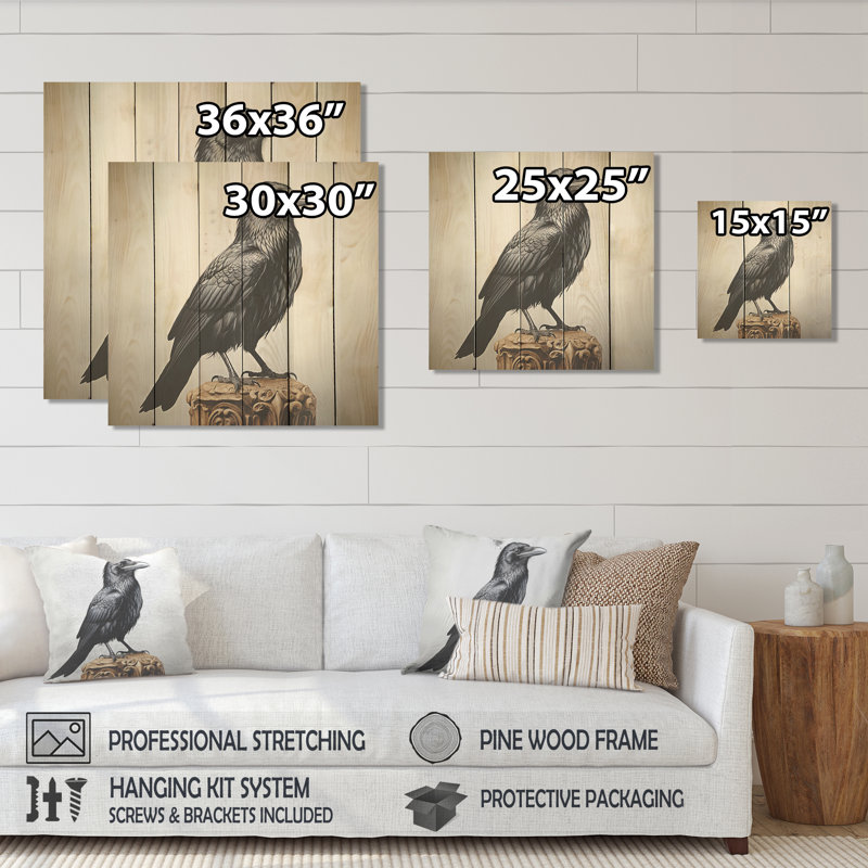 Mysterious Raven Guardian I - Animal corbeau sur bois, H 30 po x l 30 po