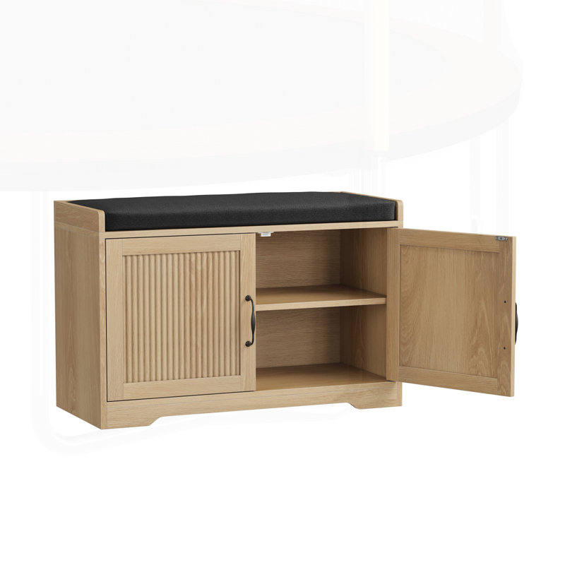 Banc à chaussures de 31,5 pouces avec portes doubles et revêtement confortable, idéal pour les couloirs et les entrées, Oak