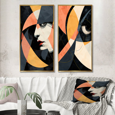 «Black and Pink Woman Cubist Portrait I - Abstract Portraits», ensemble de 2 reproductions d'art sur toile