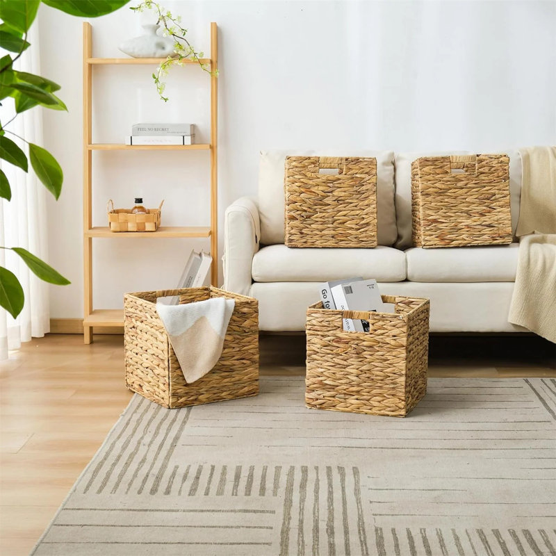 Storage Basket Foldable Handwoven Water Hyacinth Laundry Cubes Organizer Baskets for organizing,12x12, 12" H x 12" W x 12" D