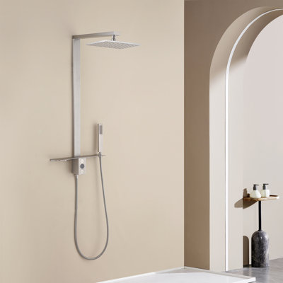 Système de douche mural de 91 cm (36 po) avec tablette de rangement, vanne inverseuse, pomme de douche à effet pluie orientable et douchette à main