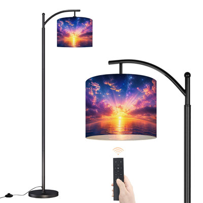 Lampe sur pied arquée à motif géométrique en forme d'étoile à losanges vert et beige de 62,6 po de hauteur, abat-jour tambour en lin à DEL, température à 3 couleurs, télécommande et interrupteur au pied pour le salon