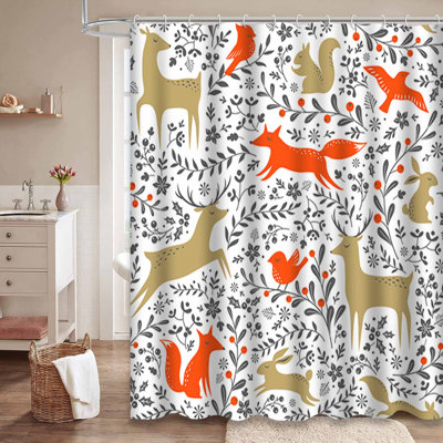 Waterproof Floral Fox Animal Bath Woodland Christmas Shower Curtain with 12 Hooks