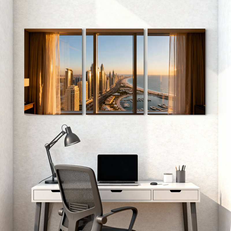 Ensemble de 3 toiles de rideaux avec vue sur la ville, H 30 po x l 60 po