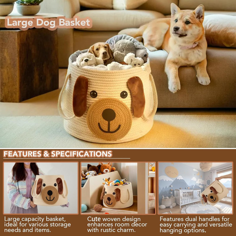 Eco-Friendly Woven Storage With Dual Handles, Foldable & Durable, For Pet Toys, Baby Items, Blankets & Home Decor