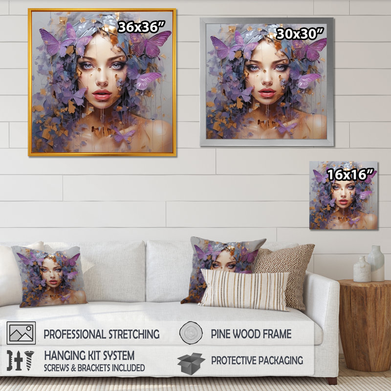 Ange papillon mauve et bleu - Art mural glam, Cadre doré simple, H 36 po x l 36 po x P 1,5 po