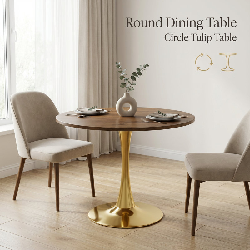Round Pedestal Dining Table with Thickened Tabletop and Metal Base for Small Spaces, Kitchen, and Living Room, Walnut, Gold