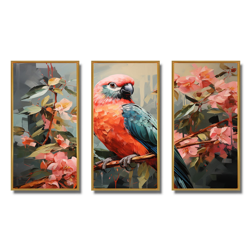 Perroquet rose et vert, arbre floral, harmonie I - art mural perroquet, Cadre flottant doré, H 40 po x l 61 po