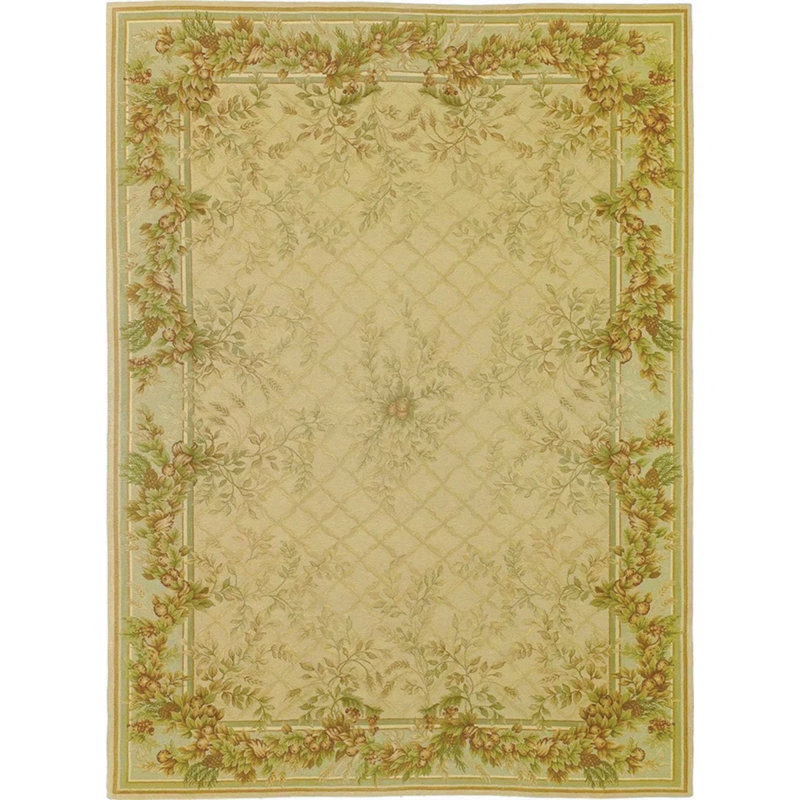 Tapis oriental rectangulaire en laine noué à la main vert / beige, Rectangle 8 pi x 10 pi