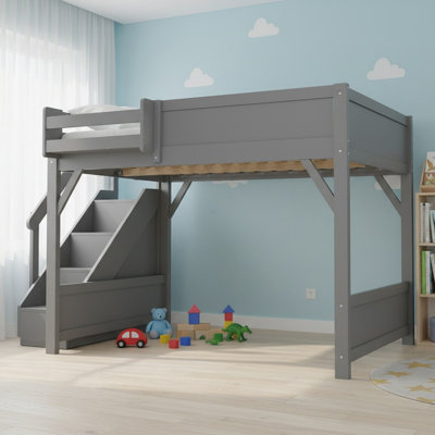Solid Wood Full Size Loft Bed with Built-in Wardrobe and Storage Space for Bedroom