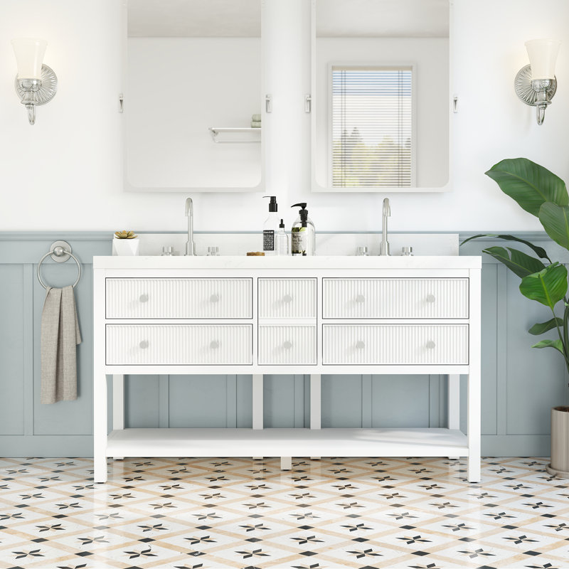 Meuble-lavabo double 60 po en bois massif avec plateau en quartz, entièrement assemblé, Blanc élégant