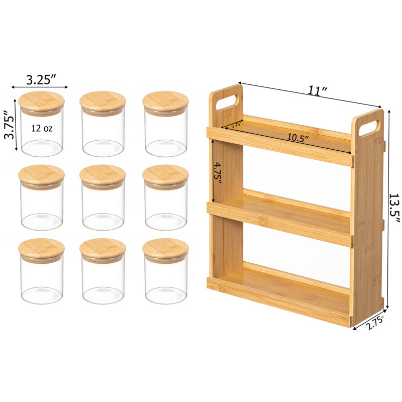 Rebrilliant Versatile 3-tier Bamboo Spice Rack And Pantry Organizer With 9 Glass Jars – Perfect For Countertop Storage In Kitchens To Keep Seasoning Containers Neatly Displayed And Easily Accessible