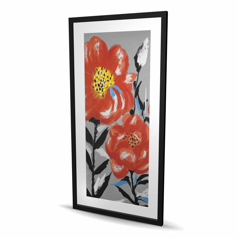 Fleurs roses avec feuilles bleues - reproduction encadrée, Noir