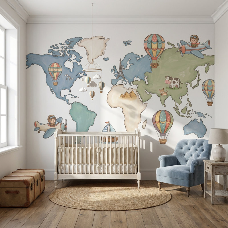 Papier peint carte du monde amovible montgolfière, 100 po x 96 po, Peler et coller