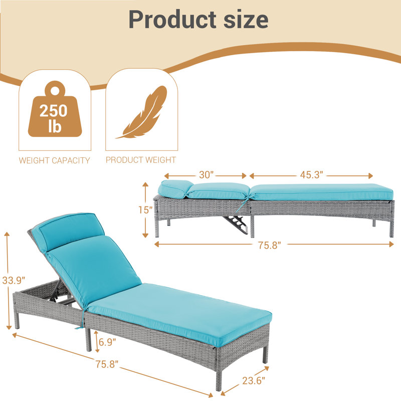 Patio Lounge Sofa Adjustable Angles Outdoor Thick Waterproof Cushion Steel Frame Suitable for Backyard, Patio and Porch,Lake Blue