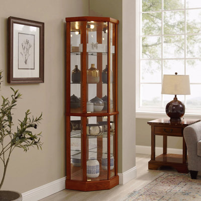 Lighted 6-Shelf Glass Corner Cabinet With Adjustable Tempered Shelves And Mirror Back