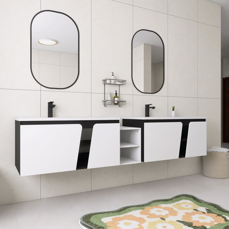 Ensemble de meuble-lavabo double mural 92 po avec plateau en céramique Harpwell, 92"