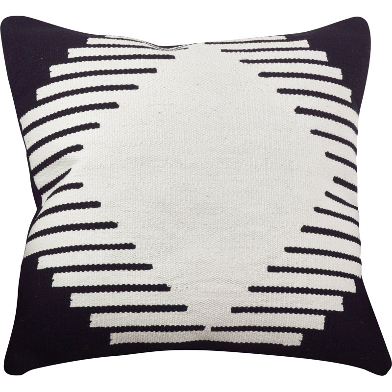 20" Black and White Kilim Design Square Cotton Throw Pillow