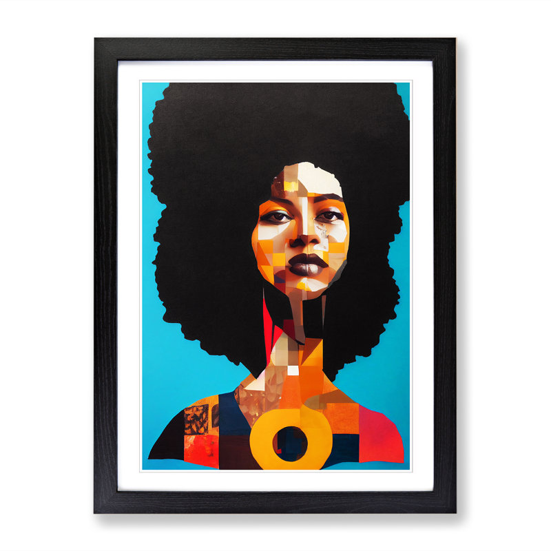 FRM-V0523-2934X Woman With Afro Collage - Single Picture Frame Print, 64cm H x 46cm W x 2cm D, Black