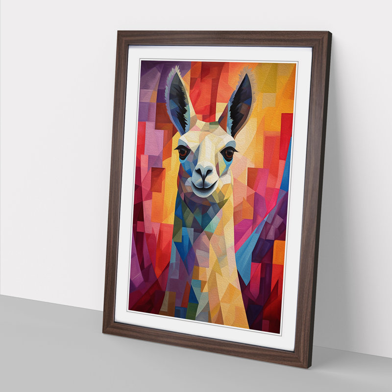 Llama Cubism - Single Picture Frame Print on Wood, Walnut Framed, 64cm H x 46cm W x 2cm D