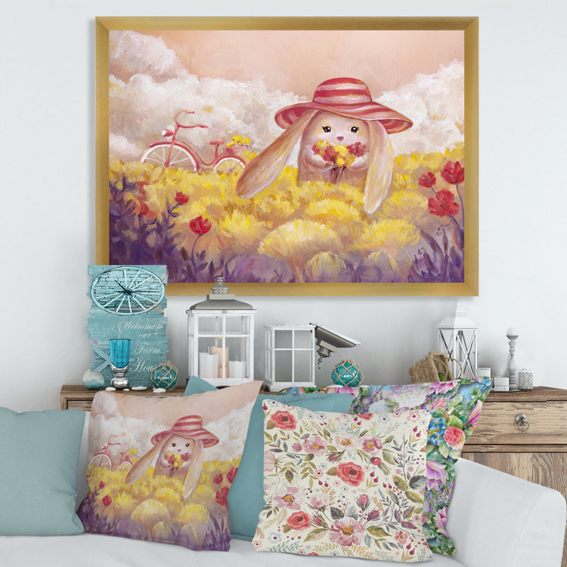 Petit lapin avec des fleurs - Peinture sur toile, H 24 po x l 32 po x P 1 po, Cadre doré