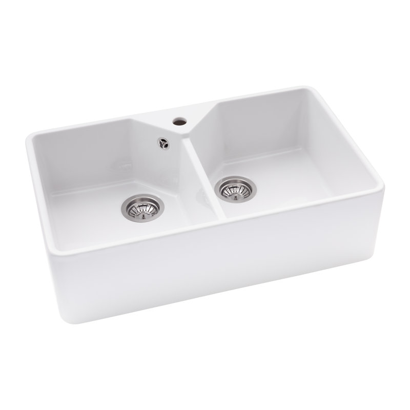 Abode Designs 490mm W Double Bowl Ceramic Kitchen Sink with 1 Faucet Hole