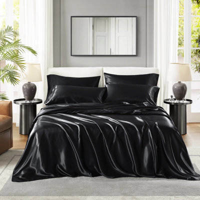 Split King 7 Pcs Black Luxury 100% Satin Sheet , Wrinkle , Smooth And Gentle On Skin, - , 1 Flat, 2 Fitted, 4 Pillowcases Pilling,