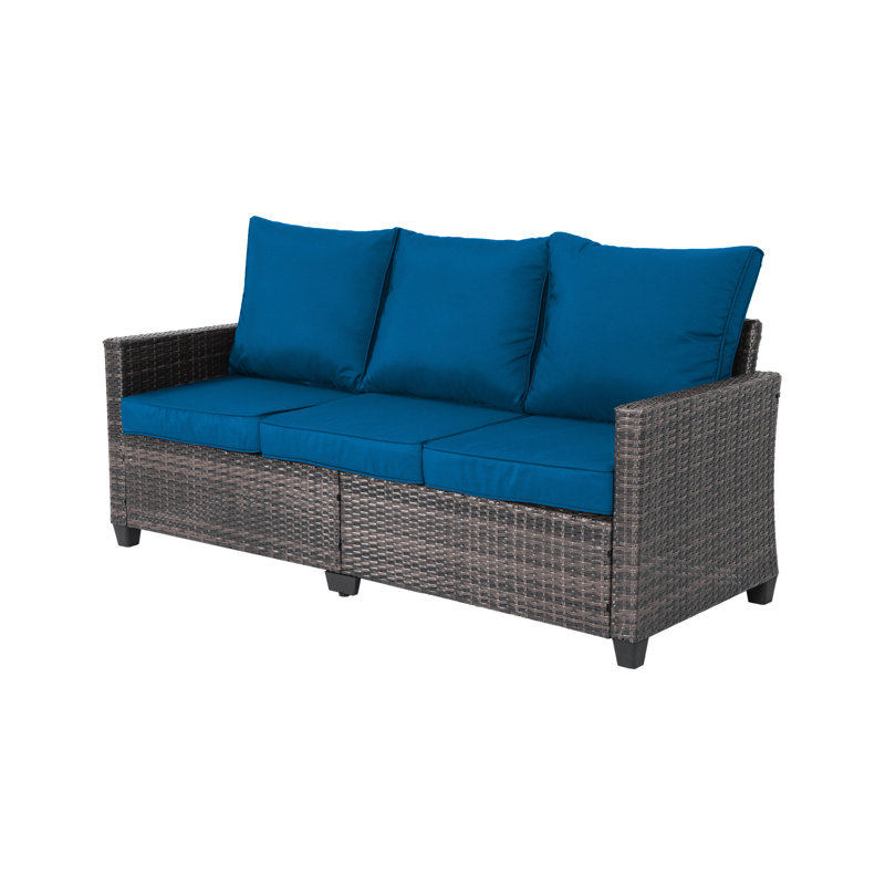 Ebern 71'' Wide 3-Seater Outdoor Wicker Patio Sofa with Cushions
