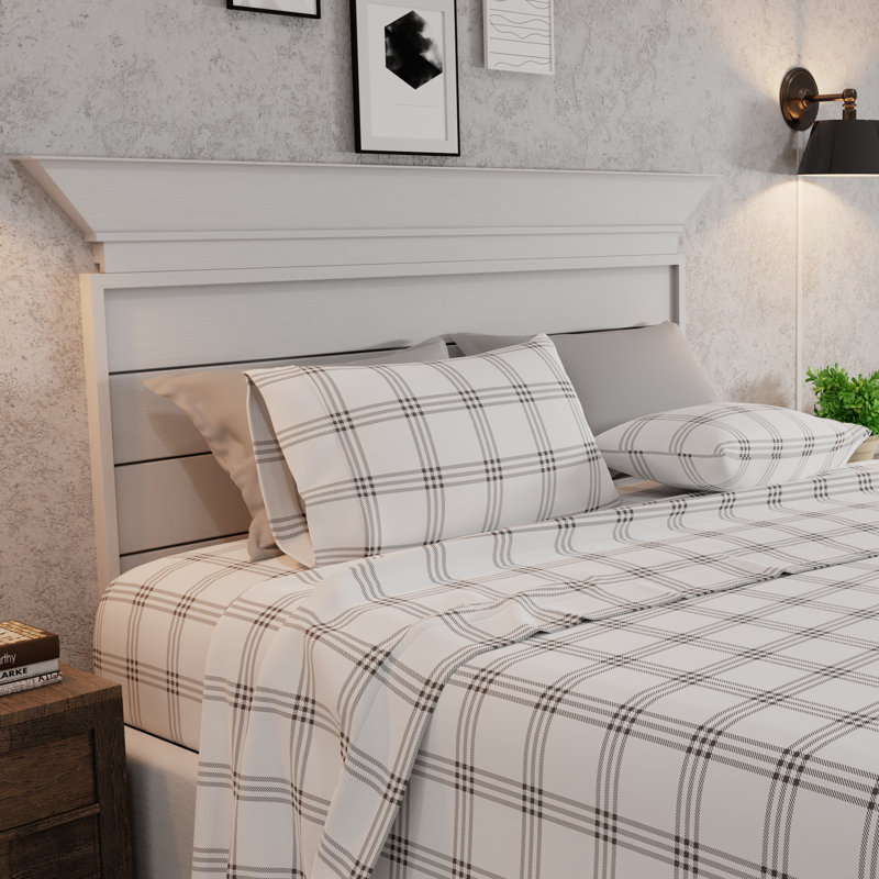 Ensemble de draps 100% flanelle de coton ultra doux, Ensemble de drap pour lit grand lit avec drap-hous, Tissu écossais gris