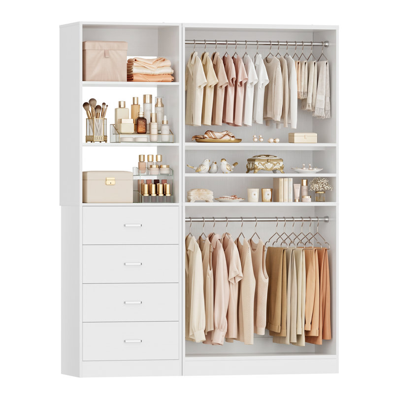 Système de placard Welles avec tiroirs en bois, tringles de suspension, Blanc, 2 units