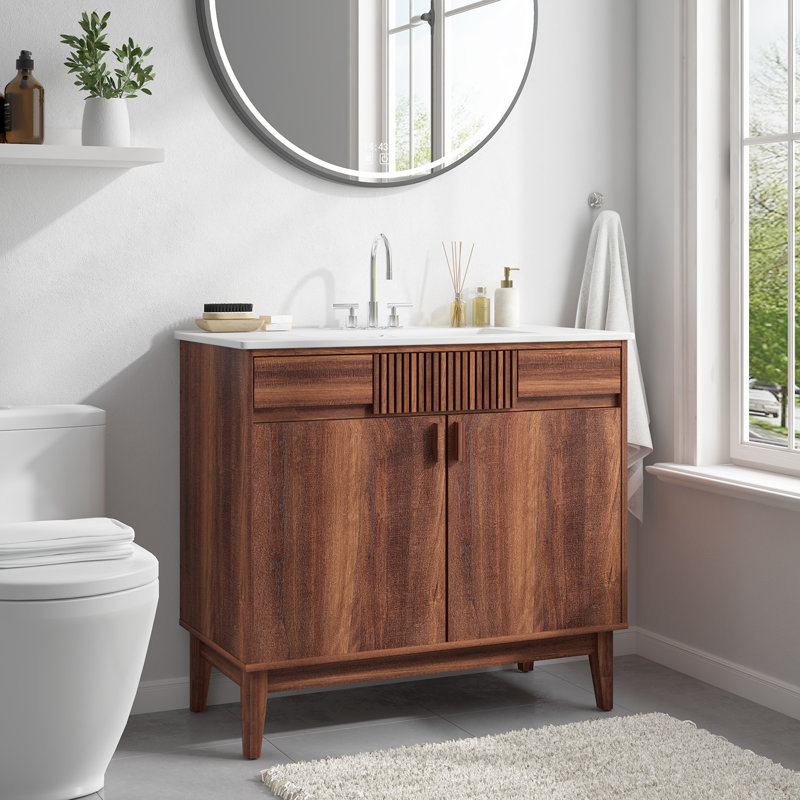 36" Mid-Century Modern Single Bathroom Vanity with Ceramic Sink, Soft-Close Doors and Solid Wood Legs, 36"