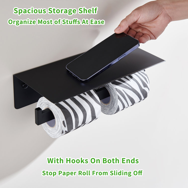 Black Toilet Paper Holder with Shelf Wall Mount Toilet Tissue Roll Holder  with Anti-Drop Wing, Large Paper Organizer/Phone Rack/Wipes Dispenser for
