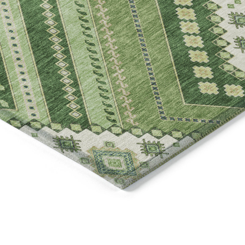 Green Tribal Pattern Machine Washable Indoor/Outdoor Rug