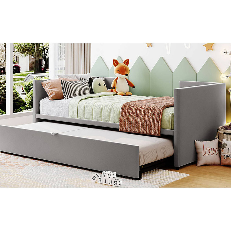 Modern Reylin Daybed Upholstered Daybed With Pop Up Trundle, Gray