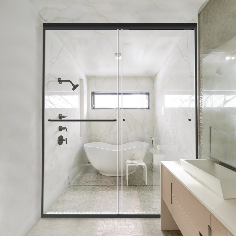 Porte de douche semi-sans cadre l 60 po x H 72 po avec verre trempé transparent, Noir
