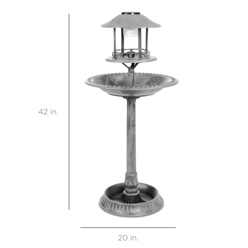 Solar Outdoor Bird Bath with Flower Pot Base and Feeder, Stone