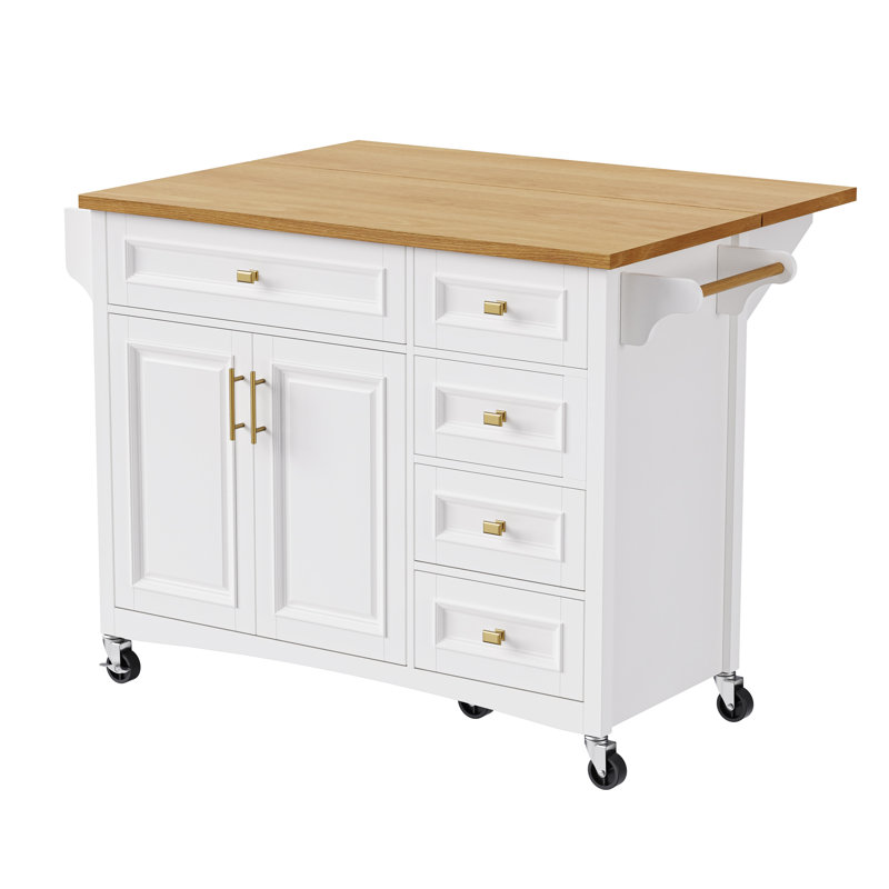 52" Kitchen Island With Drop Leaf, Embossed Texture Kitchen Island On Wheels With Spice Rack, Towel Rack, 2 Doors And 5 Drawers, Kitchen Storage Cart With Adjustable Shelf For Kitchen
