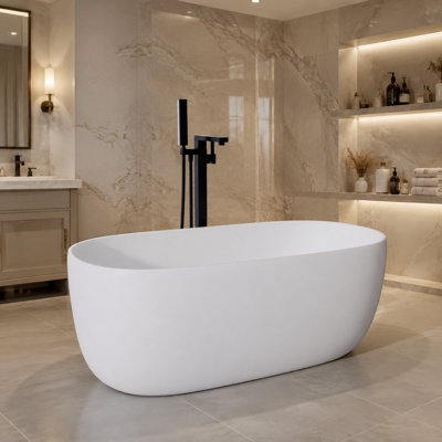 Baignoire autoportante 51'' en résine effet pierre, fini blanc, avec trop-plein et bonde clic-clac. Modèle 2026.
