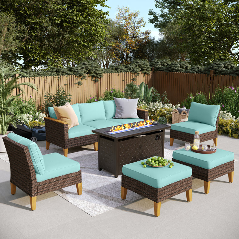 Phenice 7 - Person Wicker Outdoor Patio Furniture Set, Sectional Patio Set with Fire Pit Table, Blue