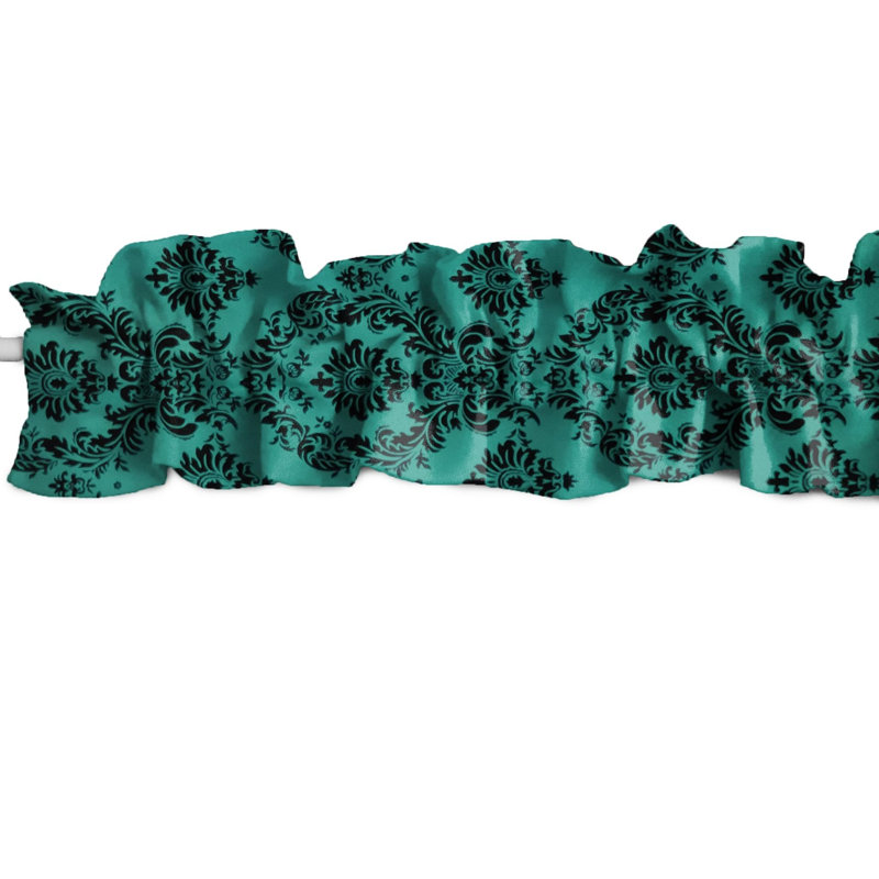 Damask Tailored Window Valance, 120" W x 9" L, Black/Aqua Green