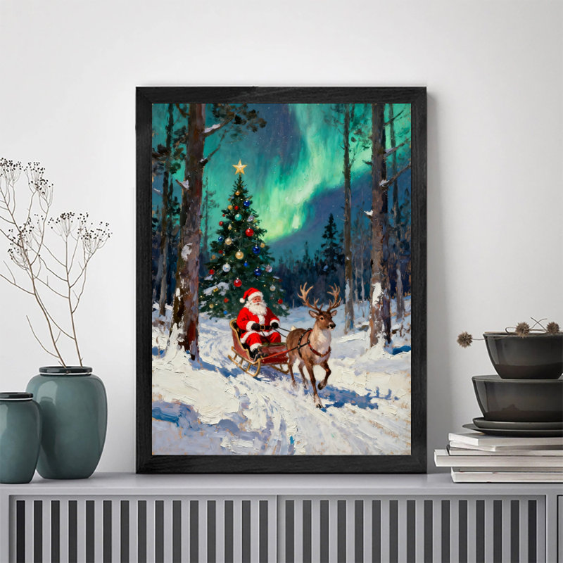 Père Noël noir encadré noir chevauchant un traîneau dans la forêt enneigée, reproductions d'art encadrées, H 25 po x l 17 po
