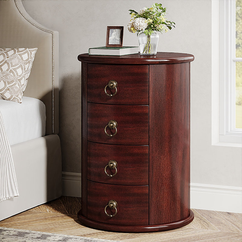 Solid Wood Round Nightstand Table With 4 Drawers, Cherry Brown