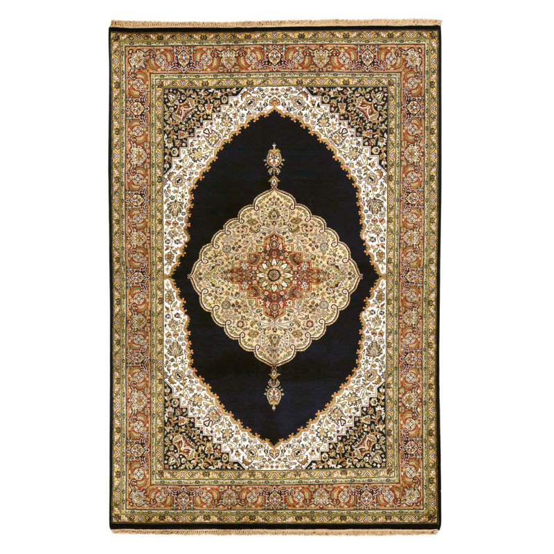 Tapis noir et rouge noué à la main de haute qualité