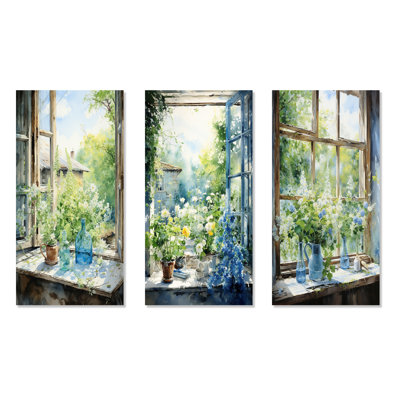 Vert et bleu campagne charme de la fenêtre II - ensemble de 3 reproductions d'art de ferme en métal