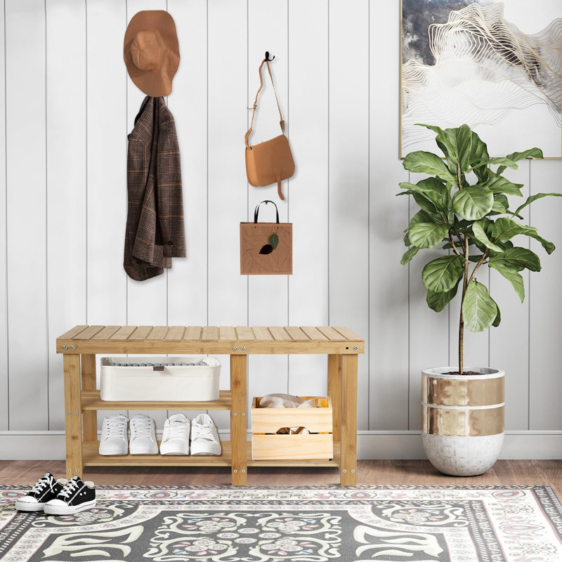 Étagère à chaussures polyvalente en bambou de couleur naturelle, avec rangement à 3 niveaux