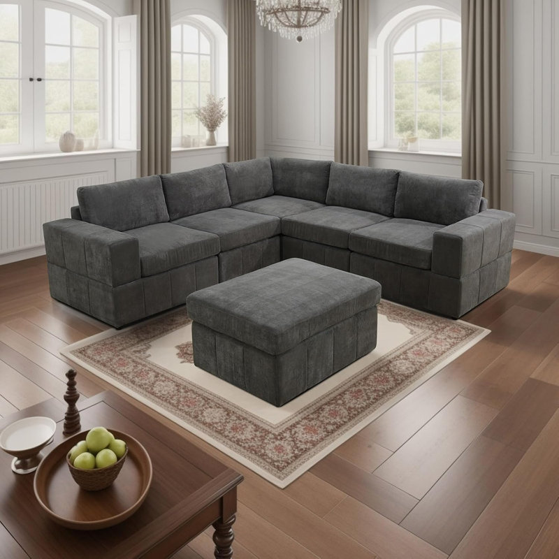 Kerby Microfiber 6-Piece L Shape Corner Sectional With Ottoman, 36" H x 101" W x 36" D