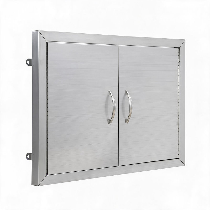 Porte d'armoire de rangement à double accès en acier inoxydable pour îlot de barbecue avec 6 crochets - Installation encastrée - Robuste - l 28 po x H 19 po